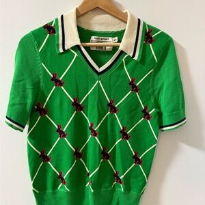 Tory Sport Merino Wool Blend Graphic Knit Polo Rabbit Argyle Green Size S